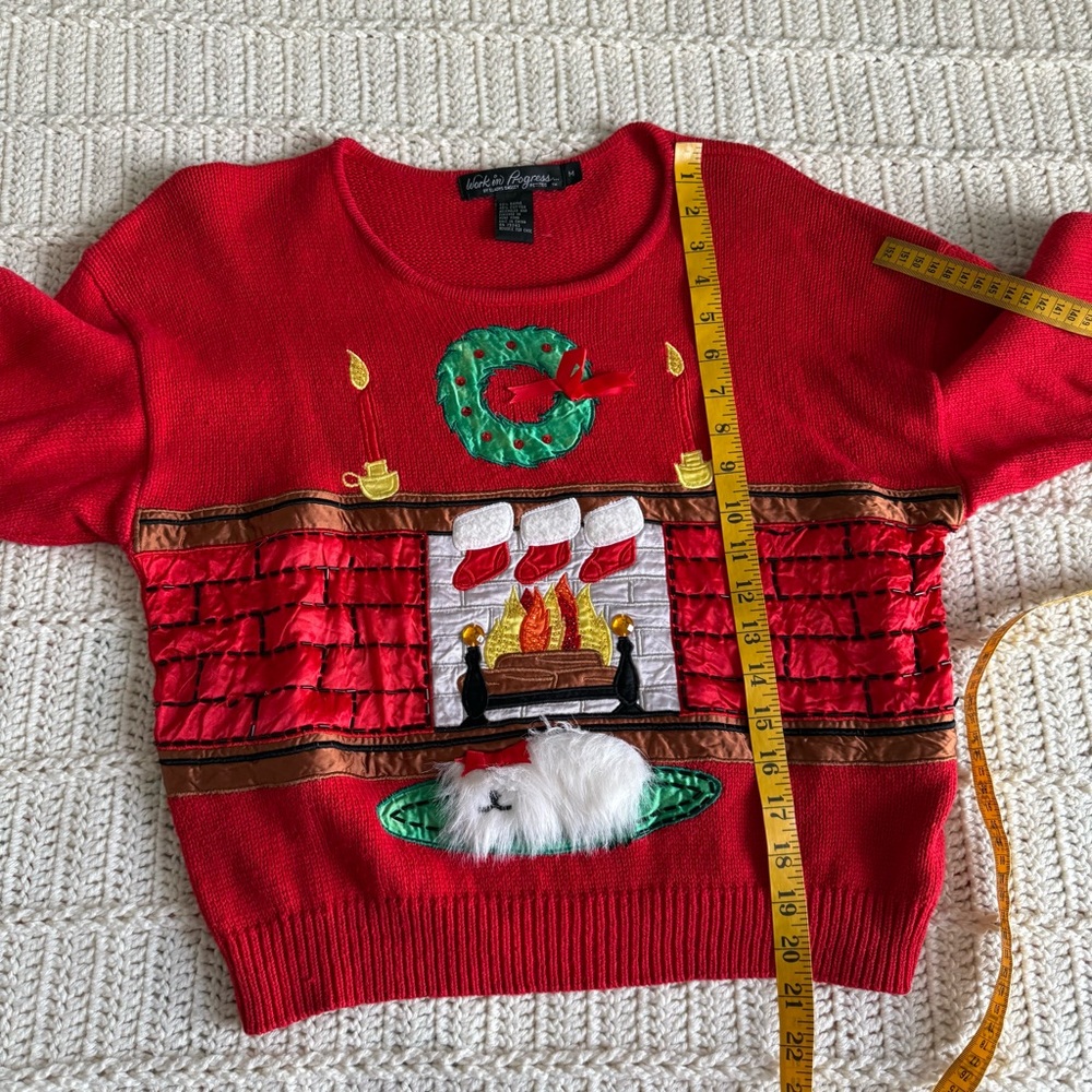 Vintage Work in Progress Ugly Christmas Sweater Cute White Fluffy Dog Size M - Picture 9 of 11